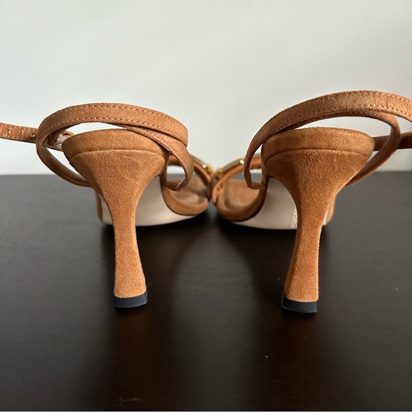 Good American Camel Brown Suede Sandals Heels Gold Chain Detail Ankle Strap - Picture 3 of 6